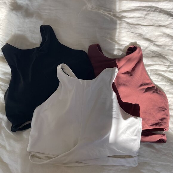 Set of 3 Athleta Conscious Crop Cut Out Bra Large Tawny Rose, White and Black - Picture 5 of 13